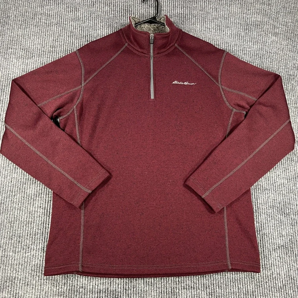 Eddie Bauer Sweater Mens Large Red Long Sleeve 1/4 Snap Outdoor Casual Hiking